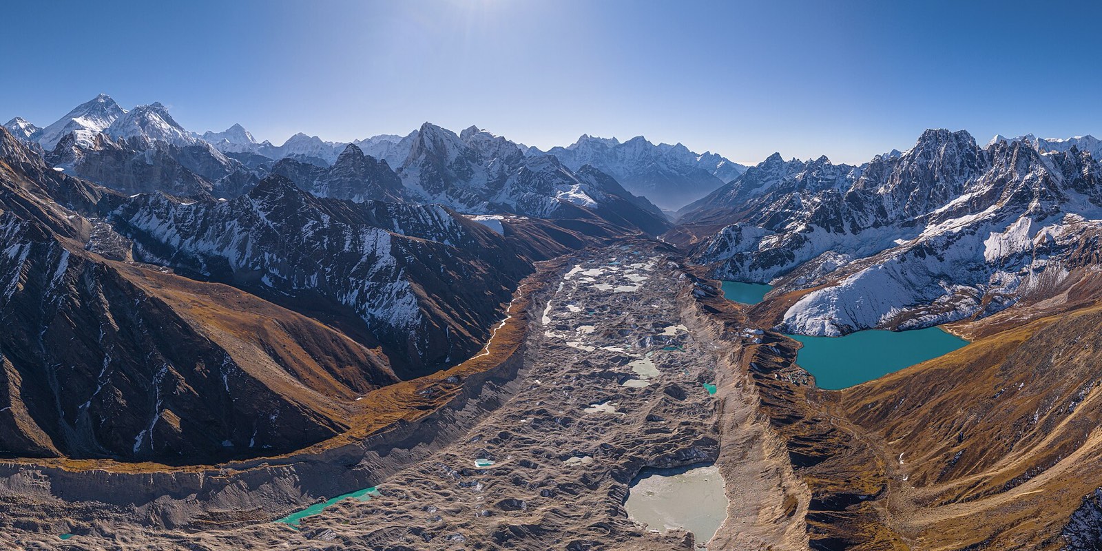 Aerial view of the Khumbu peaks and Gokyo lakes